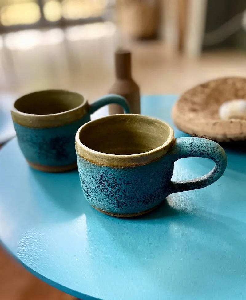 One-off unique green blue small stoneware mug. To hold 230ml / 8oz drinks. Perfect for flat white