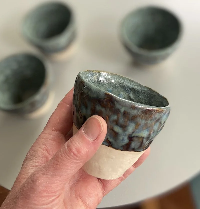 Blue textured handmade pinched coffee cups stoneware