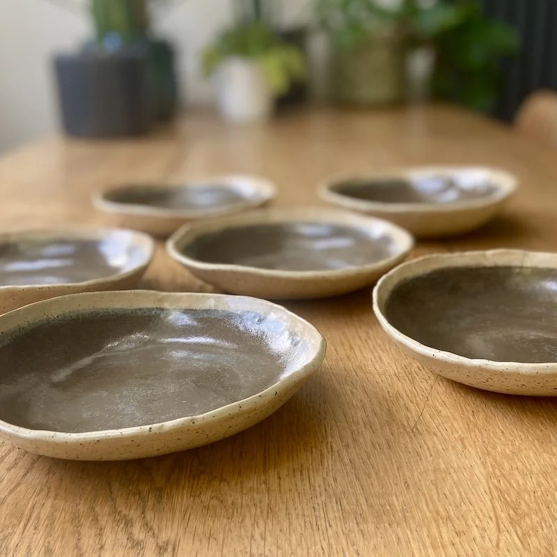 grey brown and speckled oatmeal shallow bowls hand made slabbed unique buff stoneware