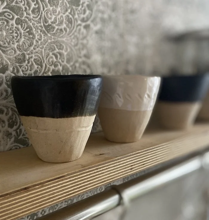 black glaze white stoneware small cortado cups 120 ml / 4 oz drinks. Cortado, small coffee, double espresso, unique Scandi style