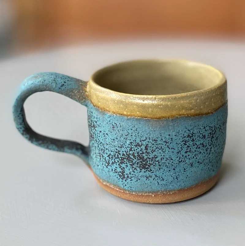 One-off unique green blue small stoneware mug. To hold 230ml / 8oz drinks. Perfect for flat white