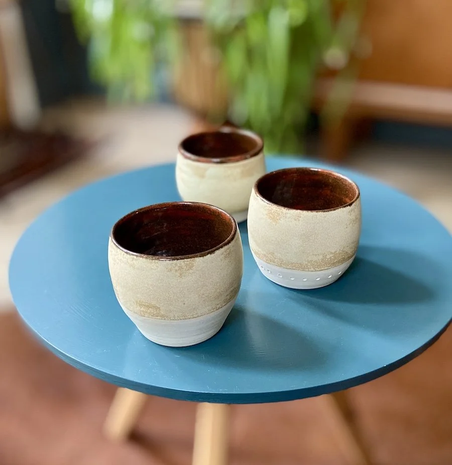 cream, russet hand built tumblers cups stoneware clay, coffee, tea, matcha, wine, water