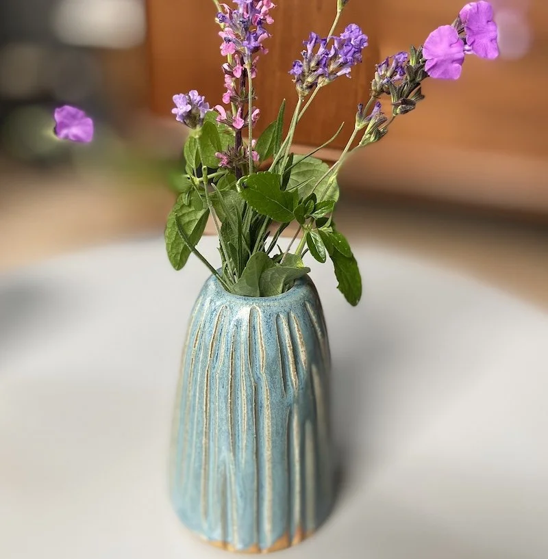 handmade pottery small carved turquoise vase