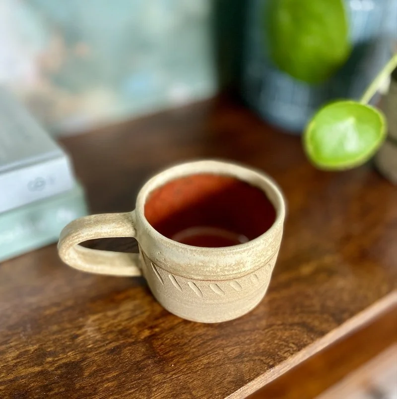 cream, russet handmade wide coffee mugs stoneware clay, coffee, tea, hot chocolate, matcha