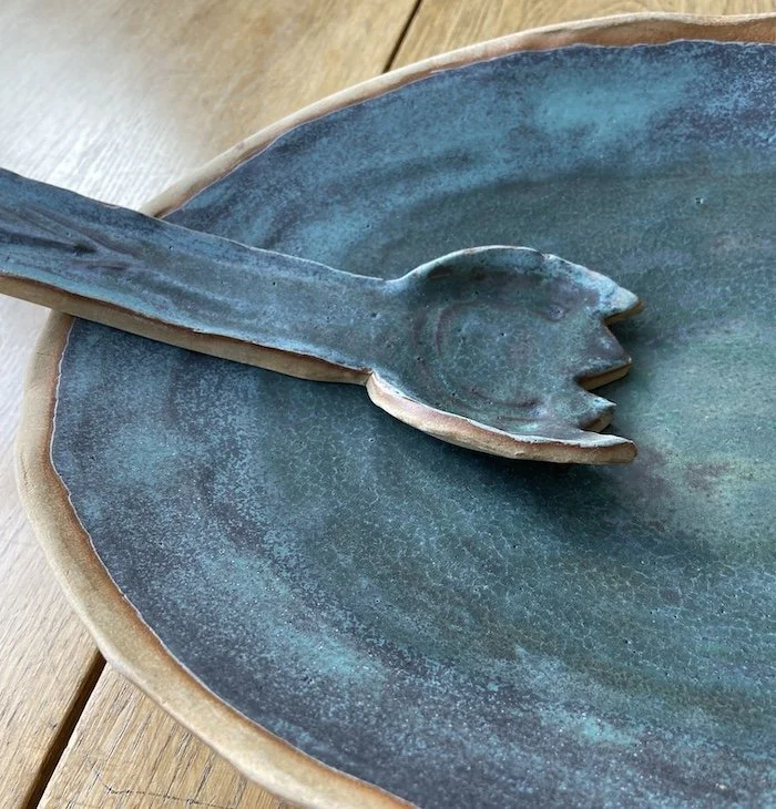 hand built stoneware serving platter salad bowl and two serving spoons in turquoise patina blue one-off pottery