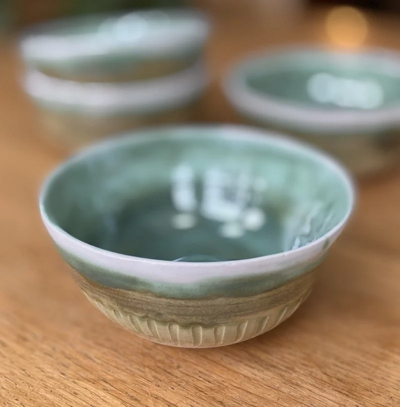 teal fern white bowl