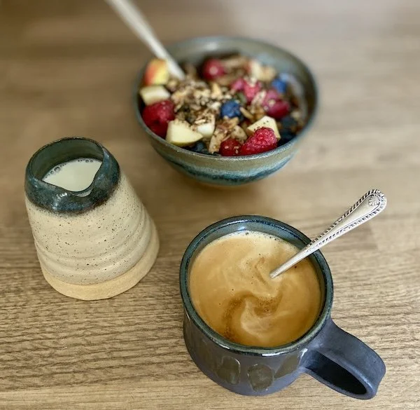 hand built milk jug stoneware blue grey cream glossy glaze artisan 160ml