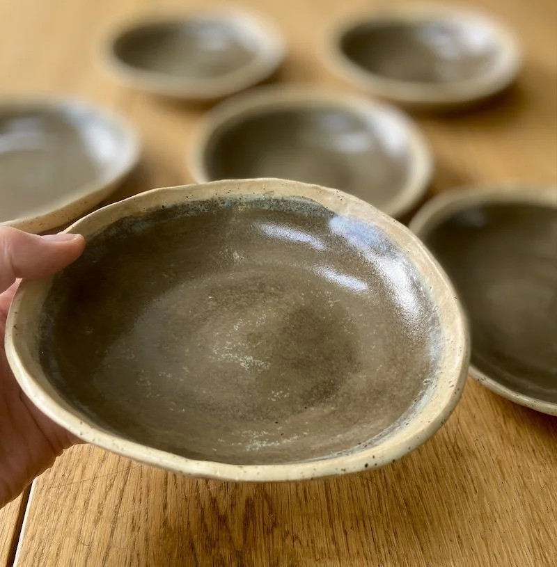 grey brown and speckled oatmeal shallow bowls hand made slabbed unique buff stoneware