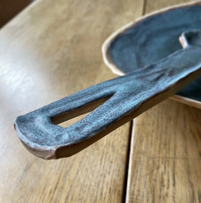 hand built stoneware serving platter salad bowl and two serving spoons in turquoise patina blue one-off pottery