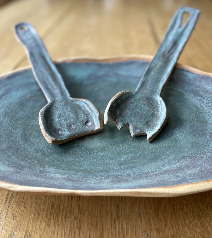 turquoise patina serving platter and spoons