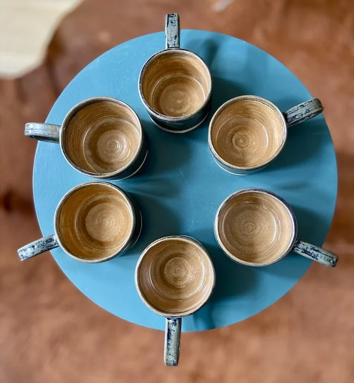 dark olive, topaz hand built wide coffee mugs stoneware clay, coffee, tea, hot chocolate, matcha