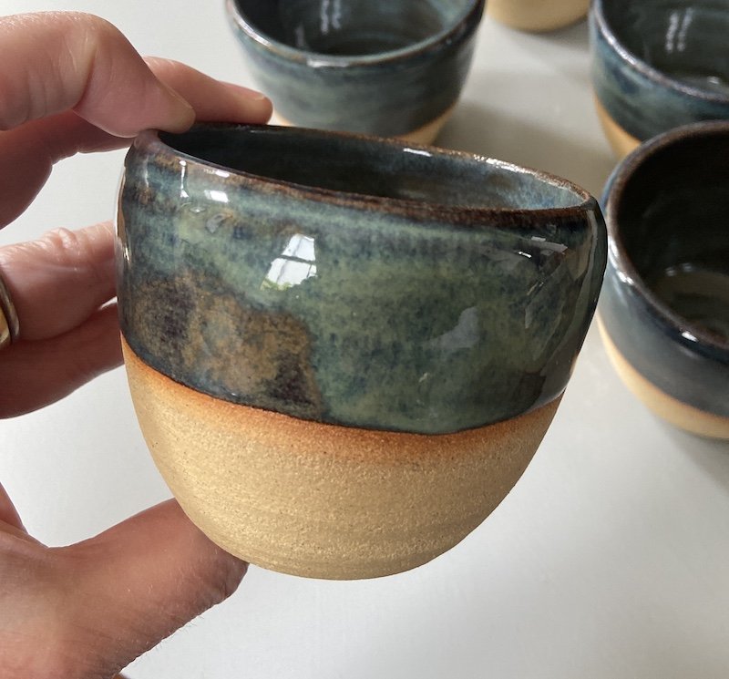 glossy blue grey stoneware tumblers matcha coffee ceremonial cacao