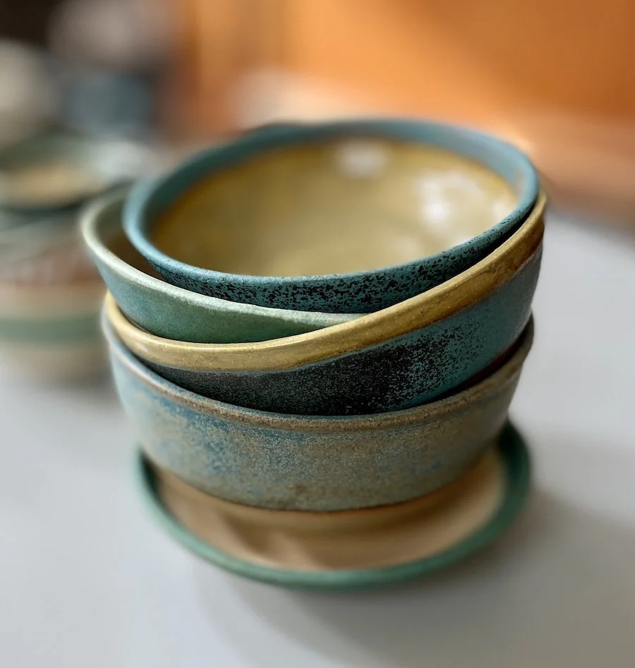 unique one-off hand made bowl. Stoneware with turquoise blue sludge green glaze. Mix and match for dips, snacks