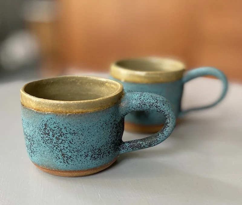 One-off unique green blue small stoneware mug. To hold 230ml / 8oz drinks. Perfect for flat white