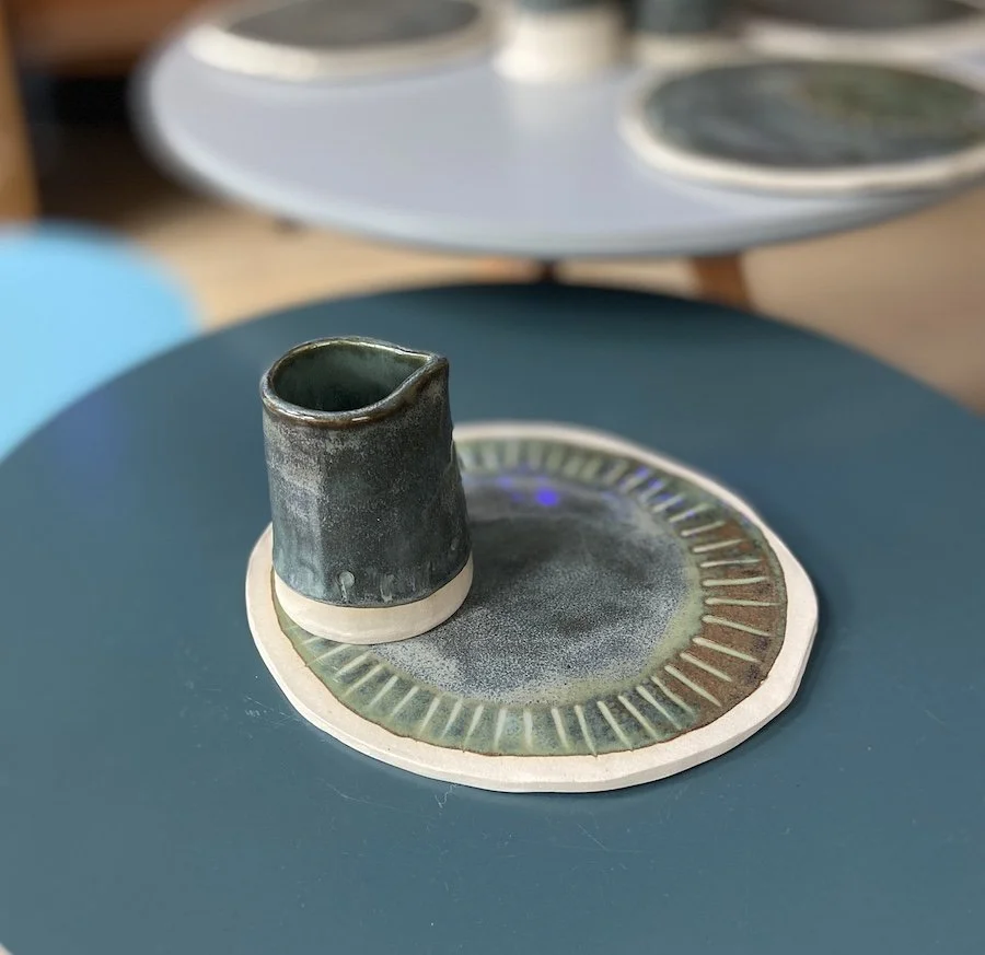 blue textured little jug hand made slab built milk jug stoneware