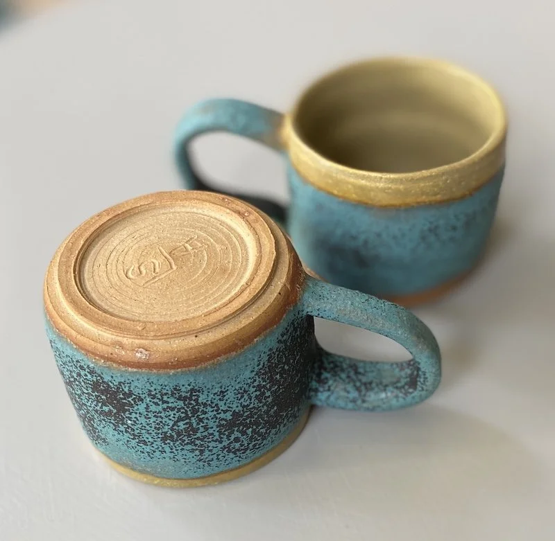 One-off unique green blue small stoneware mug. To hold 230ml / 8oz drinks. Perfect for flat white