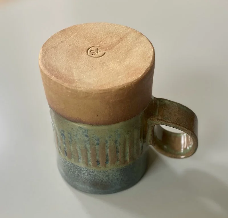 hand carved stoneware green blue toasty mug coffee tea hot chocolate