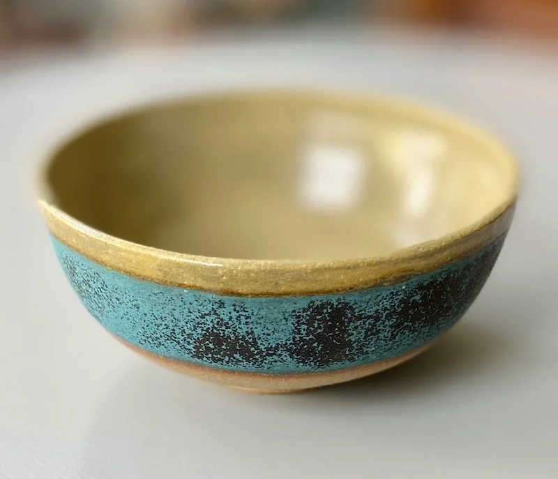 unique one-off hand made bowl. Stoneware with turquoise blue sludge green glaze. Mix and match for dips, snacks