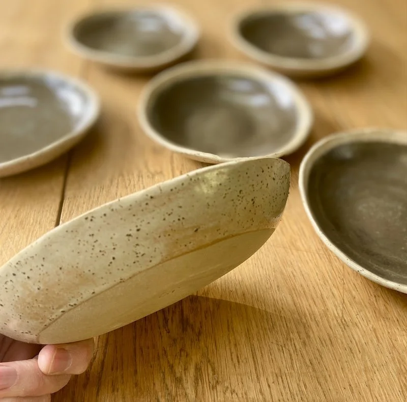 grey brown and speckled oatmeal shallow bowls hand made slabbed unique buff stoneware