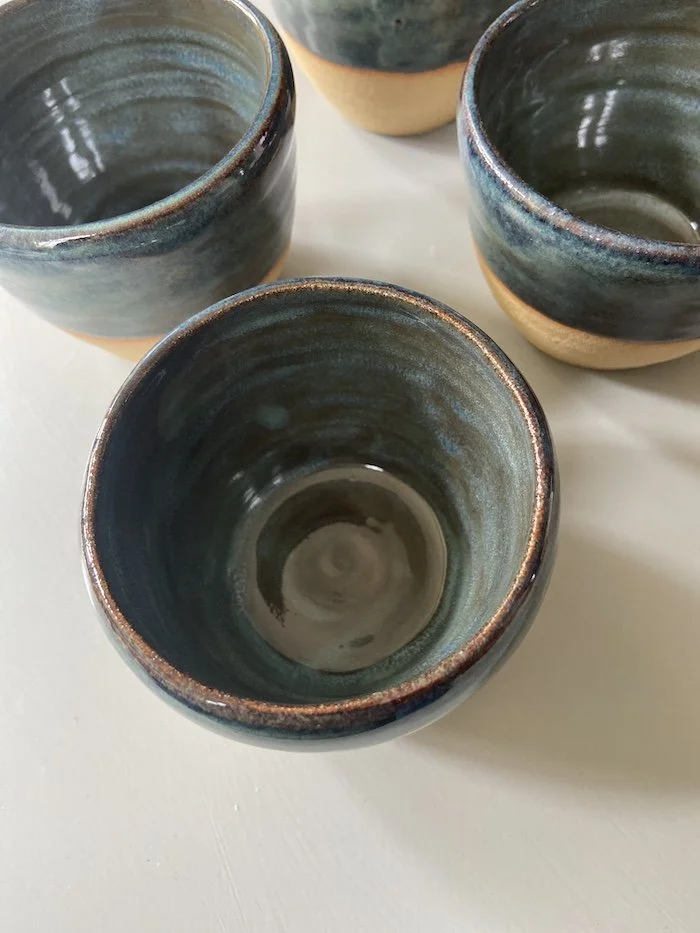 glossy blue grey stoneware tumblers matcha coffee ceremonial cacao