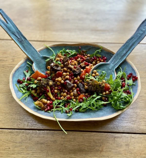 hand built stoneware serving platter salad bowl and two serving spoons in turquoise patina blue one-off pottery