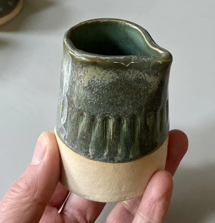 blue textured little jug hand made slab built milk jug stoneware