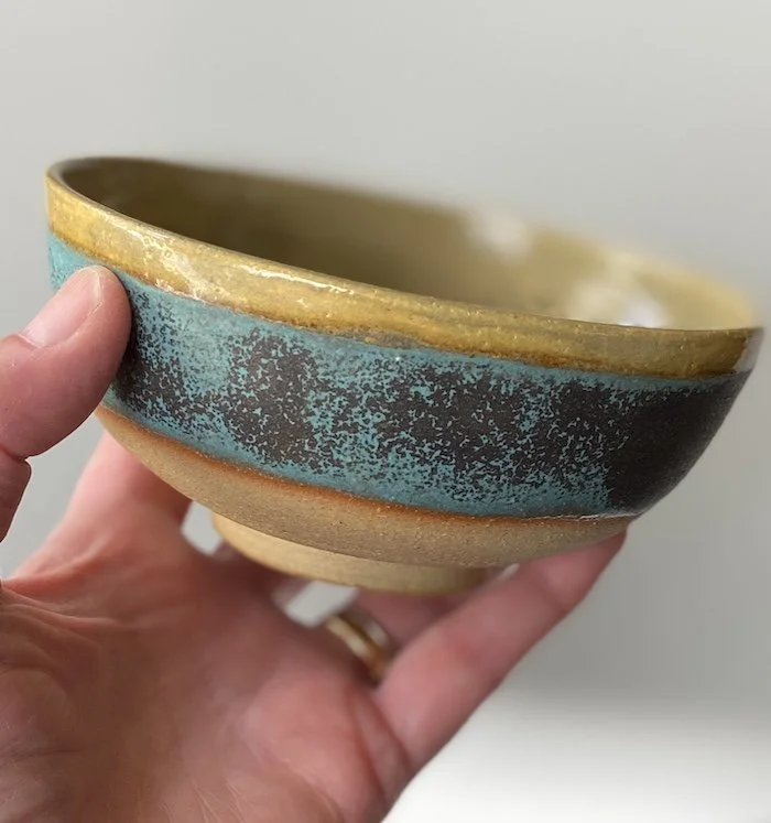 unique one-off hand made bowl. Stoneware with turquoise blue sludge green glaze. Mix and match for dips, snacks