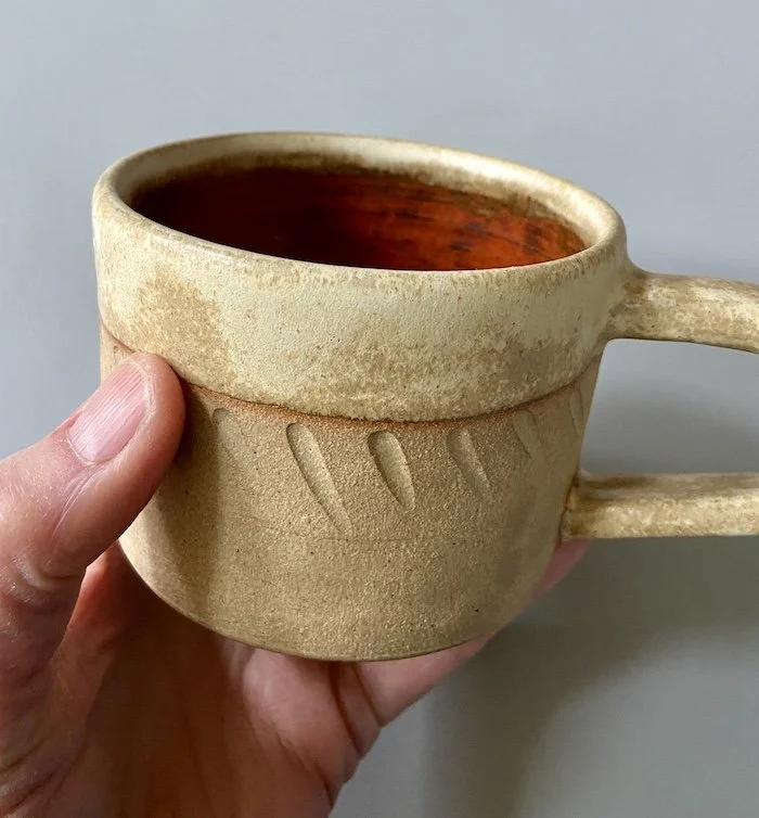 cream, russet handmade wide coffee mugs stoneware clay, coffee, tea, hot chocolate, matcha