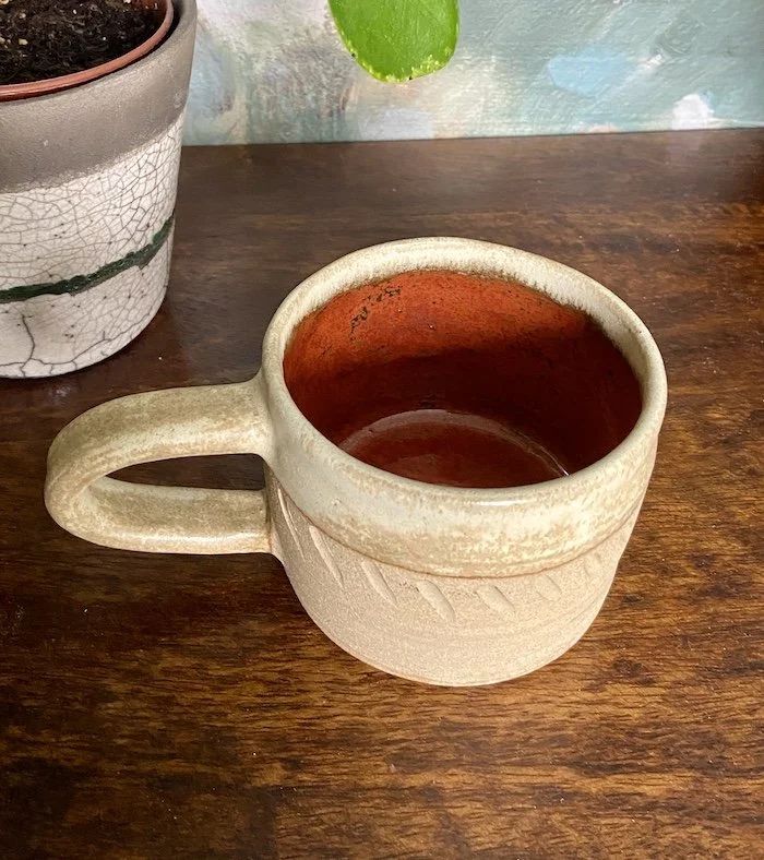 cream, russet handmade wide coffee mugs stoneware clay, coffee, tea, hot chocolate, matcha