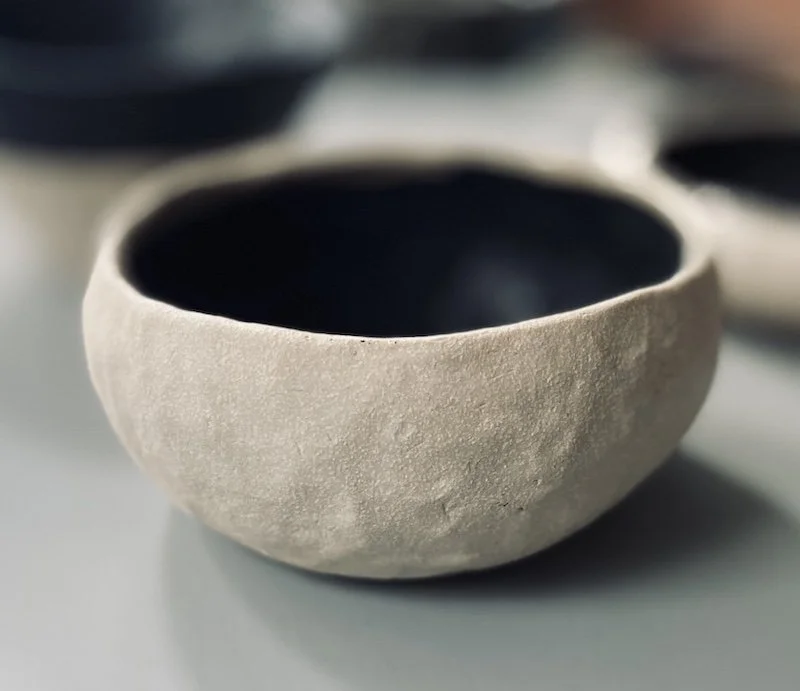 black glaze white stoneware chunky small serving bowl, unique Scandi style. Hand made one-off