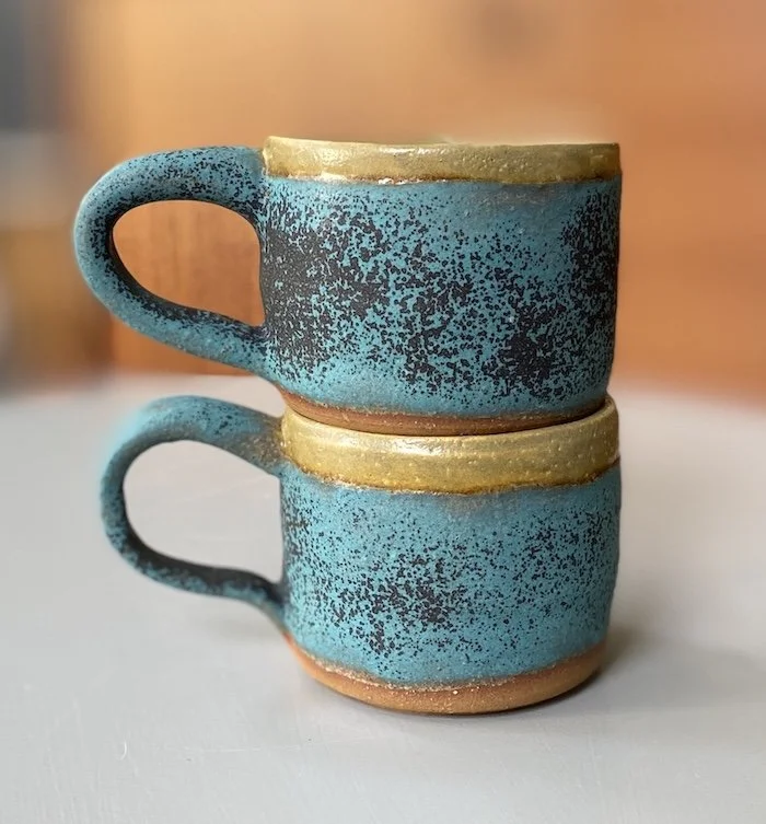 One-off unique green blue small stoneware mug. To hold 230ml / 8oz drinks. Perfect for flat white