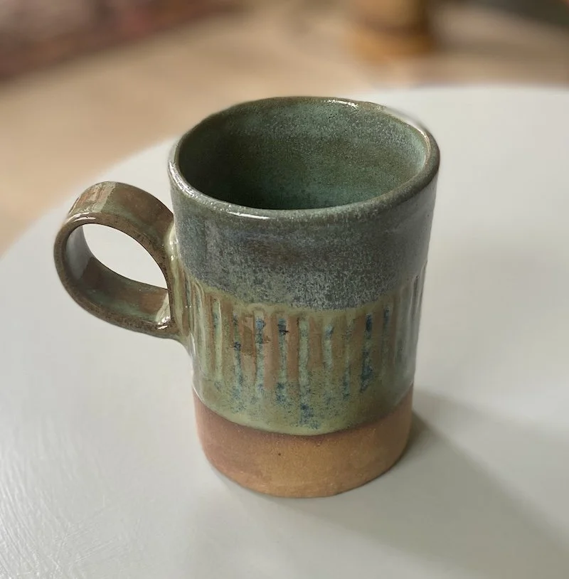 hand carved stoneware green blue toasty mug coffee tea hot chocolate