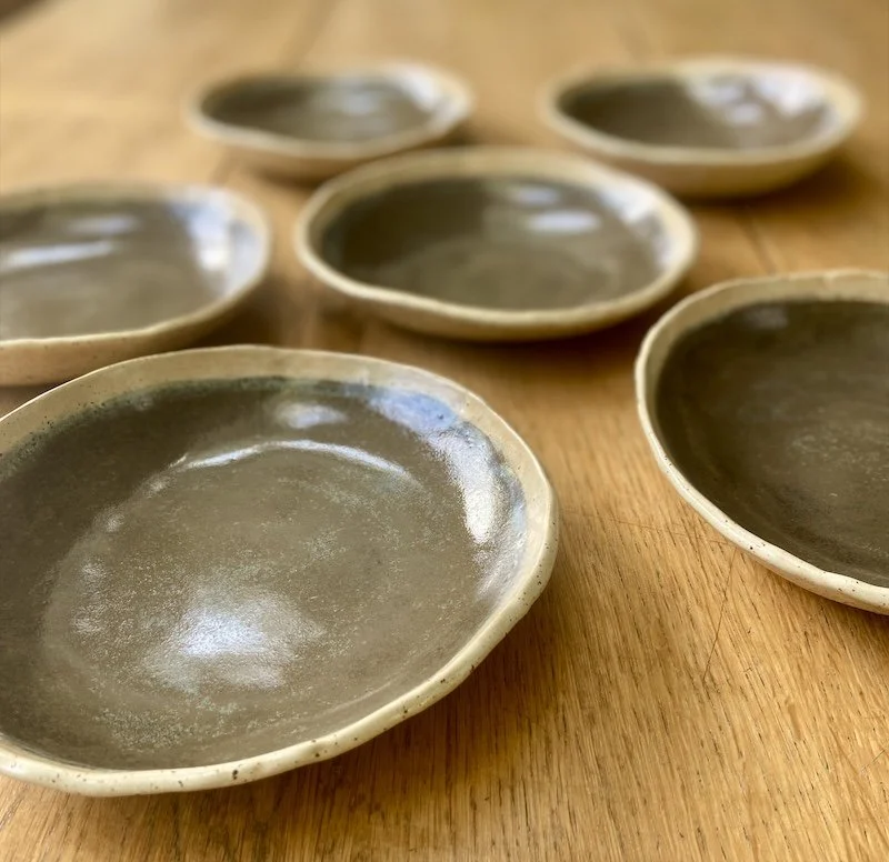 grey brown and speckled oatmeal shallow bowls hand made slabbed unique buff stoneware