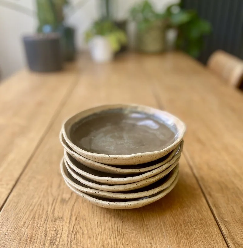 grey brown and speckled oatmeal shallow bowls hand made slabbed unique buff stoneware