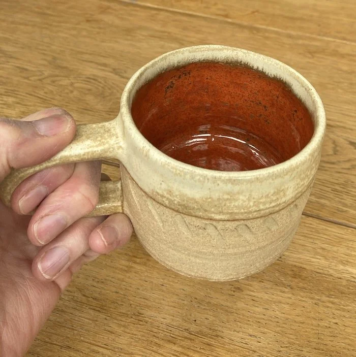 cream, russet handmade wide coffee mugs stoneware clay, coffee, tea, hot chocolate, matcha