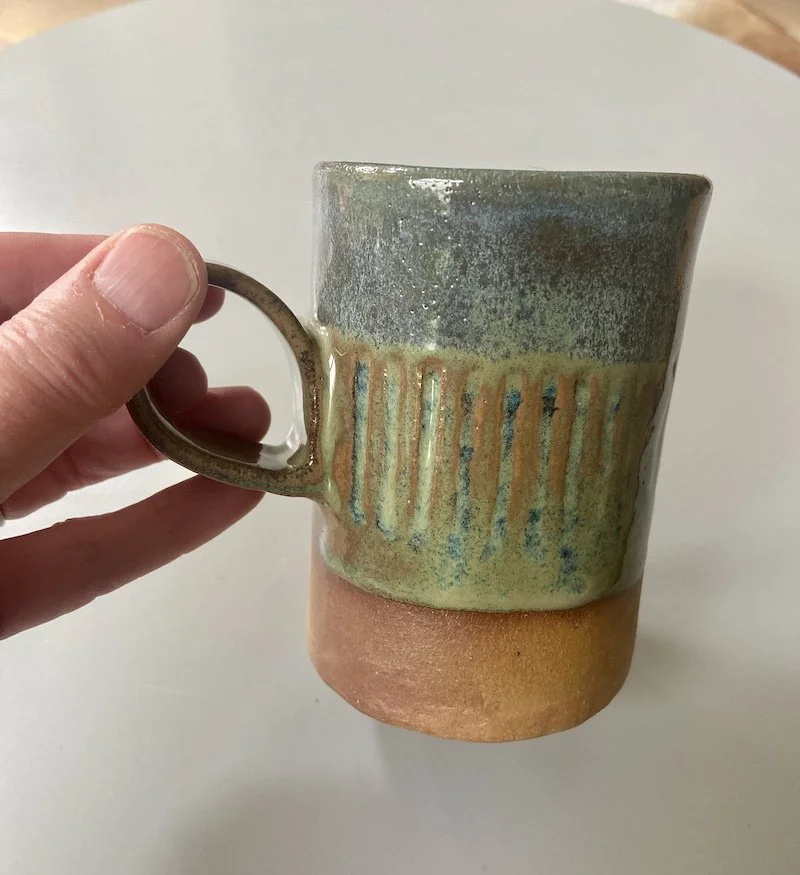 hand carved stoneware green blue toasty mug coffee tea hot chocolate
