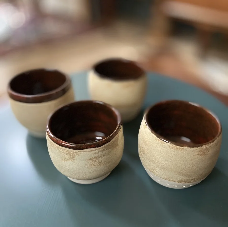 cream, russet hand built tumblers cups stoneware clay, coffee, tea, matcha, wine, water