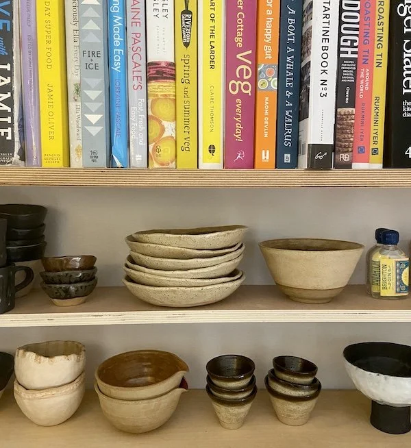 grey brown and speckled oatmeal shallow bowls hand made slabbed unique buff stoneware