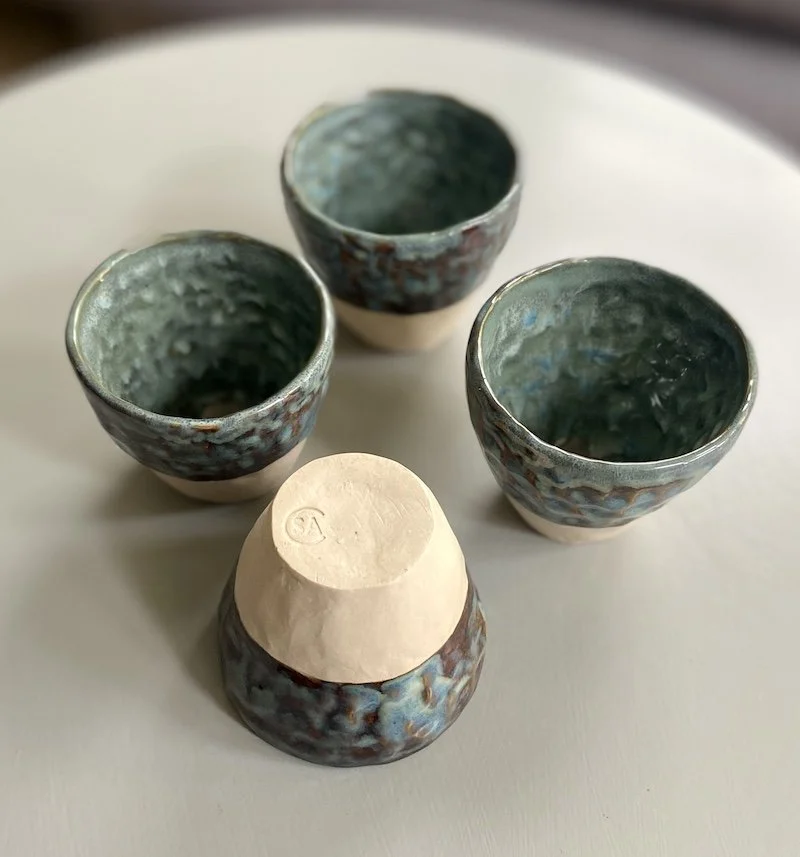 Blue textured handmade pinched coffee cups stoneware