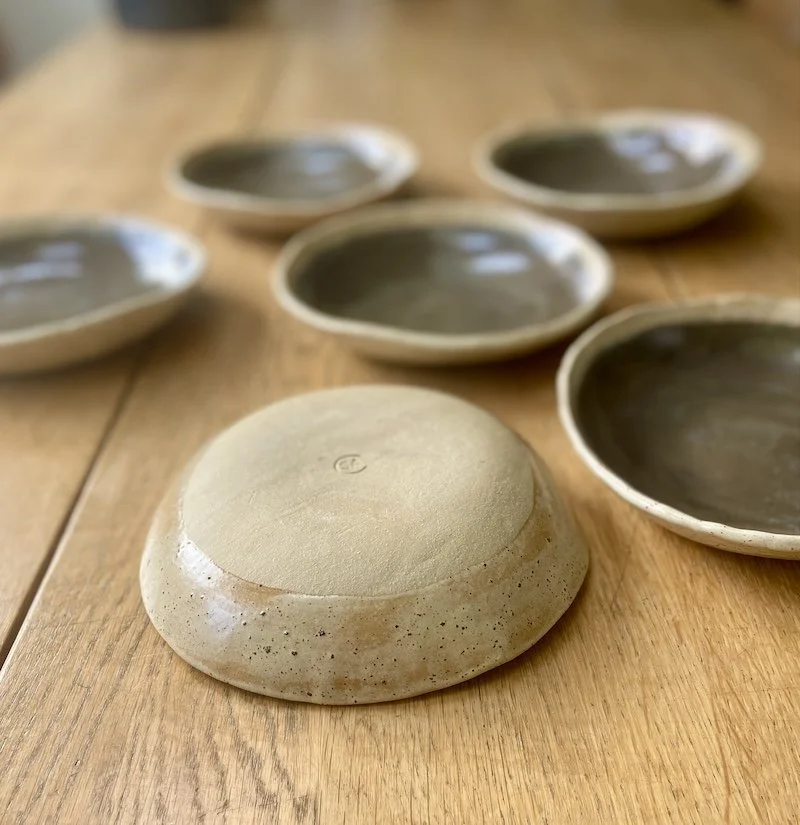 grey brown and speckled oatmeal shallow bowls hand made slabbed unique buff stoneware
