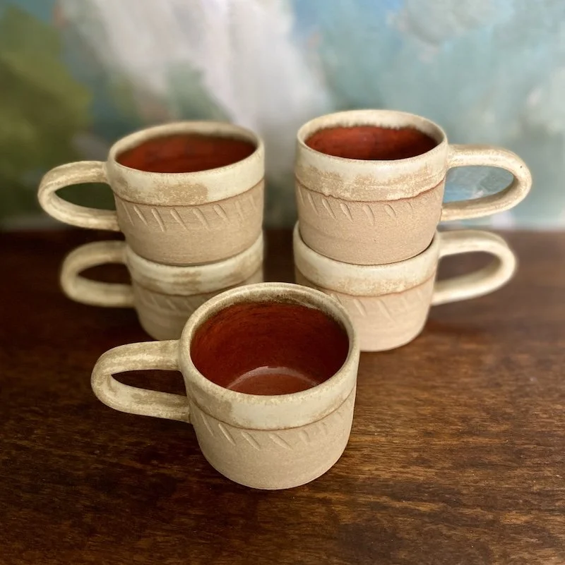 cream, russet handmade wide coffee mugs stoneware clay, coffee, tea, hot chocolate, matcha