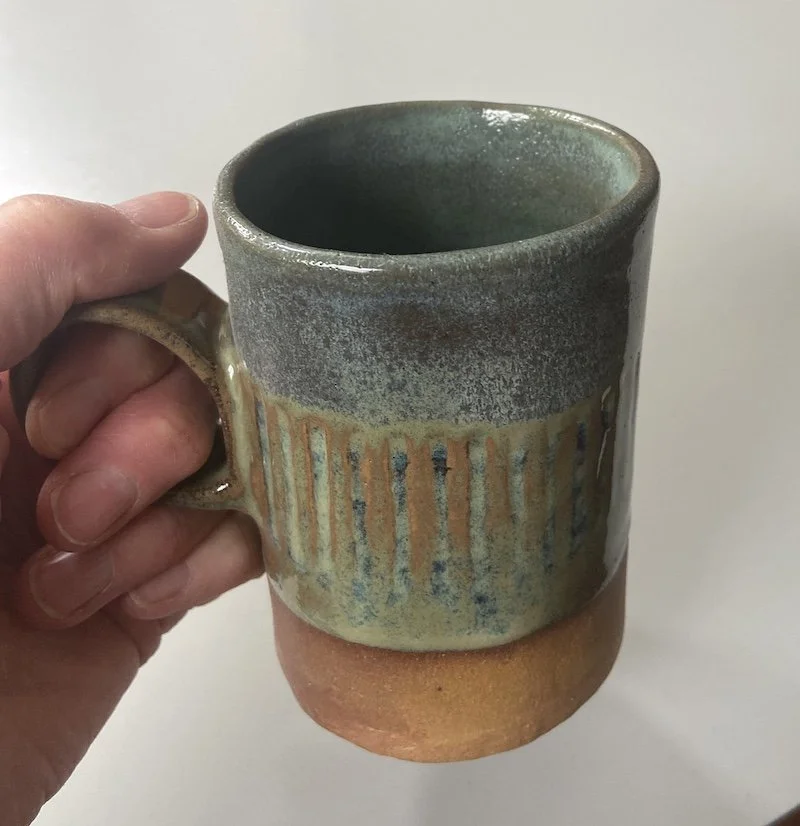hand carved stoneware green blue toasty mug coffee tea hot chocolate