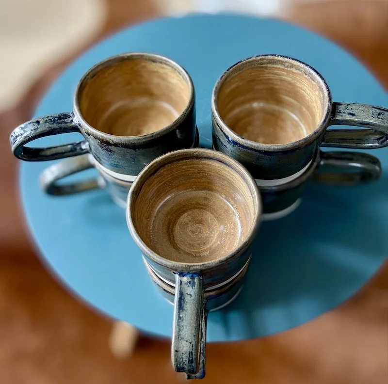 dark olive, topaz hand built wide coffee mugs stoneware clay, coffee, tea, hot chocolate, matcha