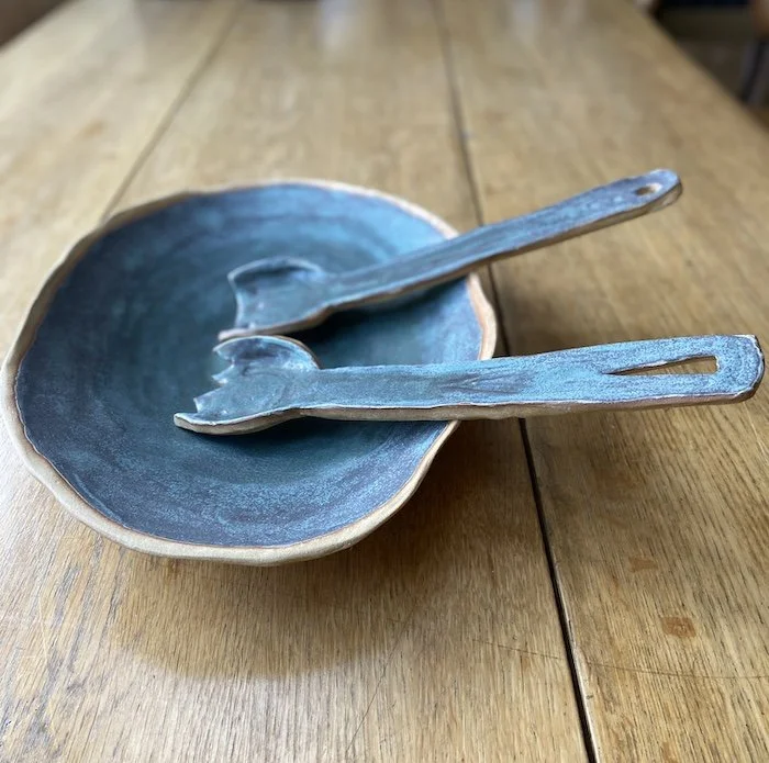 hand built stoneware serving platter salad bowl and two serving spoons in turquoise patina blue one-off pottery