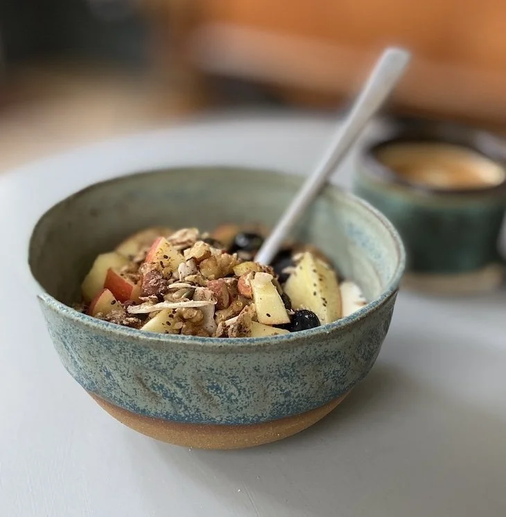 unique hand built medium sized bowl. Subtle blue glaze inside half outside toasted buff stoneware, one-off, hand carved