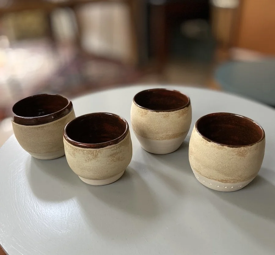 cream, russet hand built tumblers cups stoneware clay, coffee, tea, matcha, wine, water