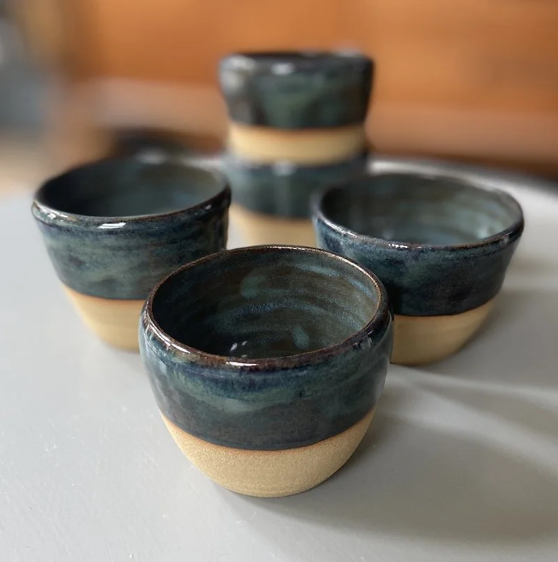 glossy blue grey stoneware tumblers matcha coffee ceremonial cacao