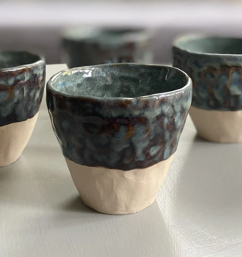 Blue textured handmade pinched coffee cups stoneware