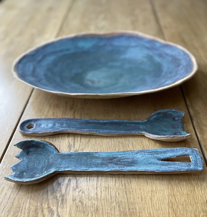 hand built stoneware serving platter salad bowl and two serving spoons in turquoise patina blue one-off pottery