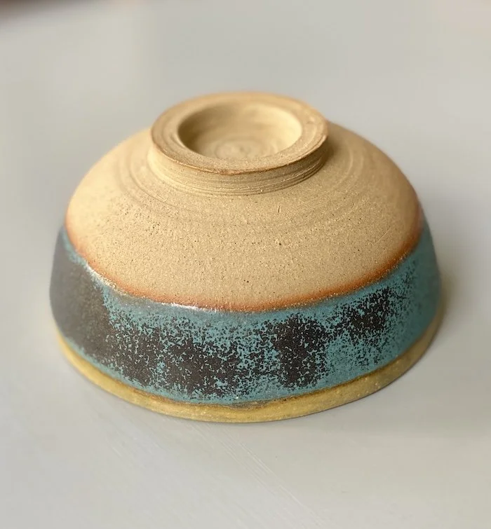 unique one-off hand made bowl. Stoneware with turquoise blue sludge green glaze. Mix and match for dips, snacks